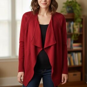 Talbots Medium Petite $98 Red Cotton Blend Waterfall‎ Ribbed Open Front Cardigan